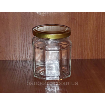 Банка скляна 229 мл восьмигранна із золотистою кришкою (24 штуки)