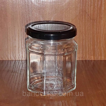 Банка скляна 229 мл восьмигранна з чорною кришкою (24 штуки)