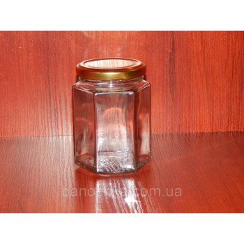 Банка скляна 280 мл шестигранна із золотистою кришкою 63 мм (20 штук)