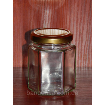 Банка скляна 196 мл шестигранна із золотистою кришкою (24 штуки)