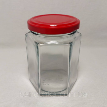 Банка скляна 280 мл шестигранна з червоною кришкою 63 мм (20 штук)