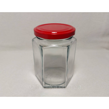 Банка скляна 280 мл шестигранна з червоною кришкою 63 мм (20 штук)
